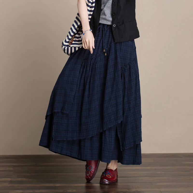 

Retro plaid pocket Elastic waist pocket loose A-Line skirt mori girl 2019 spring Autumn