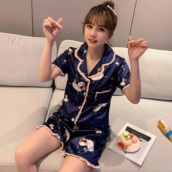 

WAVMIT Short Sleeve Pajamas High Quality Lace Pajamas Silk 2Pcs Set Women Sleepwear Sexy Homewear Women Pyjamas Set Short Pant