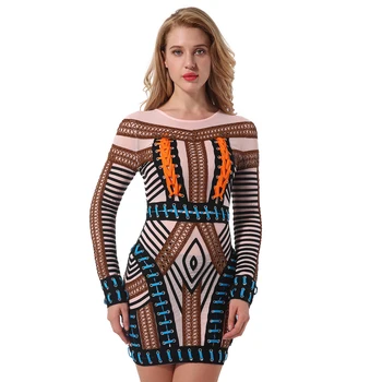 

2020 New Women's Multicolor Patchwork Dress Sexy O-Neck Mini Full Sleeve Dress Fashion Celebrity Club Party Vestidos