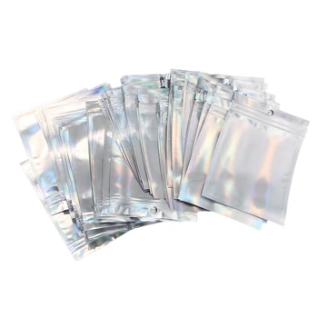 

100 Pieces Resealable Smell Proof Bags Foil Pouch Bag Flat Zipper Closure Bag for Party Favor Food Storage (Holographic Color, 4