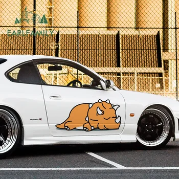 

EARLFAMILY 43cm x 20.8cm for Cute Sleepy Lazy Orange Triceratops Dinosaur Car Sticker Windows Surfboard Decals Laptop Decoration