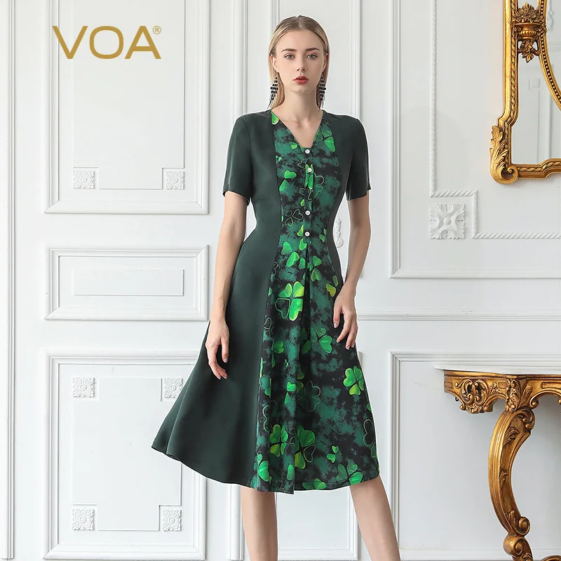 

VOA 36mm Heavyweight Silk Green Joint Waist Hugging Slimming V-neck Button X Type Short Sleeve Dress A877