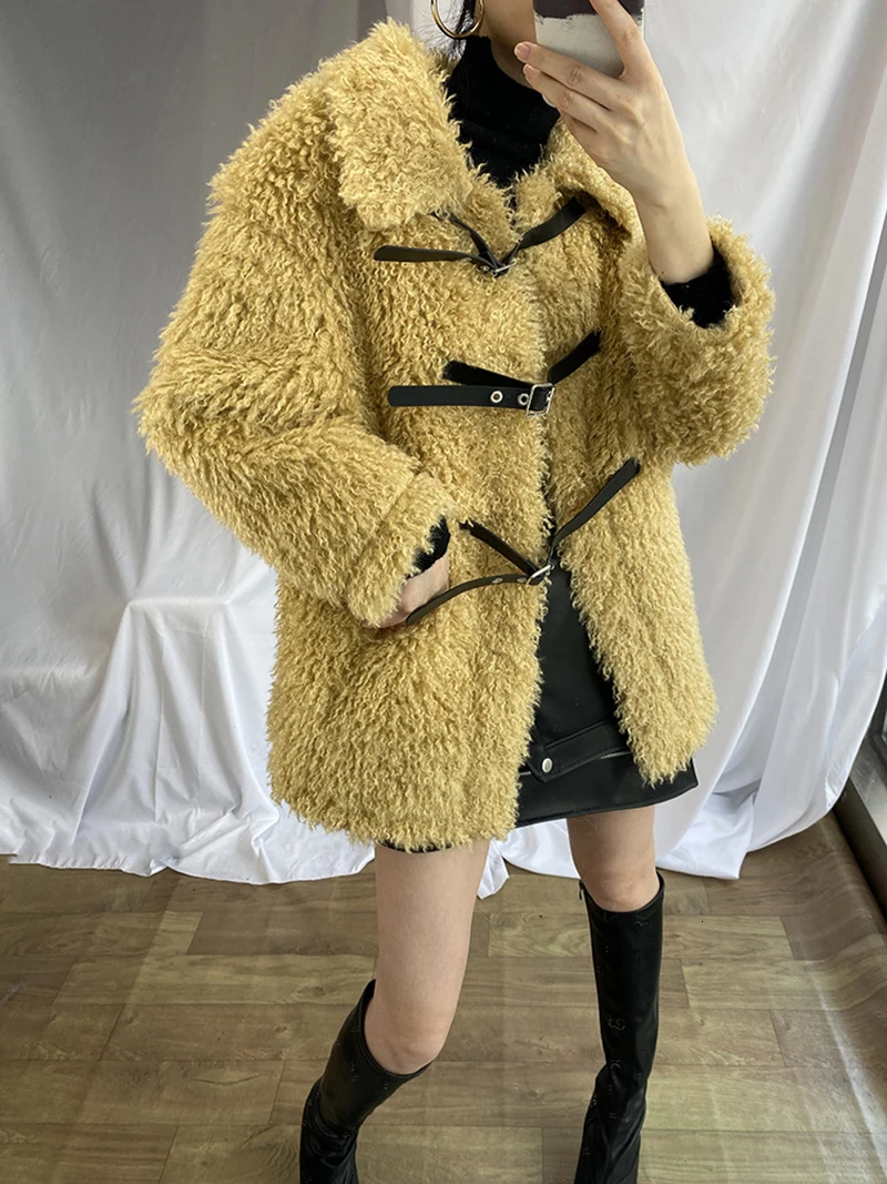 [EAM] Loose Fit Lambswool Split Big Size Thick Woolen Coat Parkas New Long Sleeve Women Fashion Tide Autumn Winter 1M420 - Color: yellow