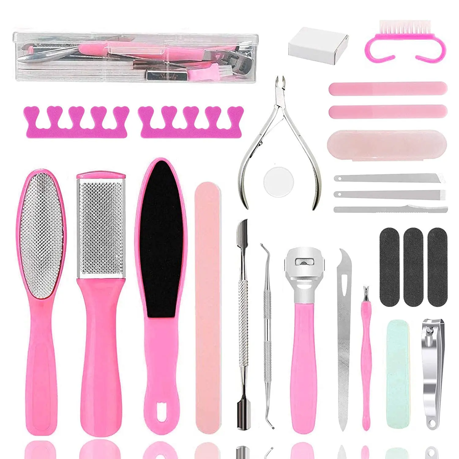 Pedicure Kit 25 in 1 Pink Stainless Steel Professional Pedicure Tools Set Foot Rasp Peel Callus Dead Skin Remover Foot Care