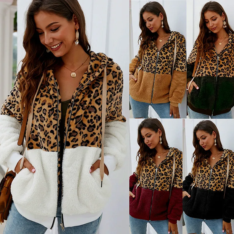 

Women's Leopard Pattern Splicing New Winter Coat Top Of 2020 Long Sleeve Zipper Cardigan Hat Collar Loose Thickened