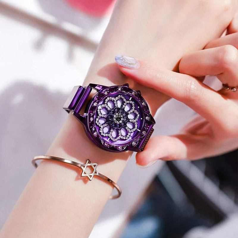 Fashion Luxury Women watch Rhinestone Magnetic tape Quartz Ladies Wristwatch Mesh Magnet 360 Degree Rotating Dial Relógio Femino afbeelding