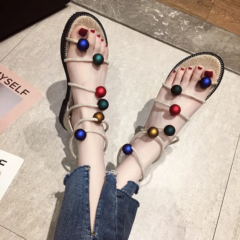 

Sandals Fairies Wind 2019 Summer New Beads Set Toe Zipper Flat Cloth Shoes