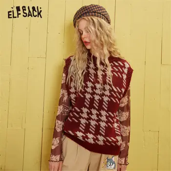 

ELFSACK Red Houndstooth Korean Knit Pullover Women Sweater Vest 2020 Spring Green V Neck Sleeveless Casual Ladies Daily Top