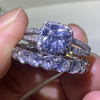 

2020 Hot Sale Handmade Luxury Jewelry 925 Sterling Silver Cushion Shape White 5A CZ Stone Women Wedding Party Bridal Ring Set