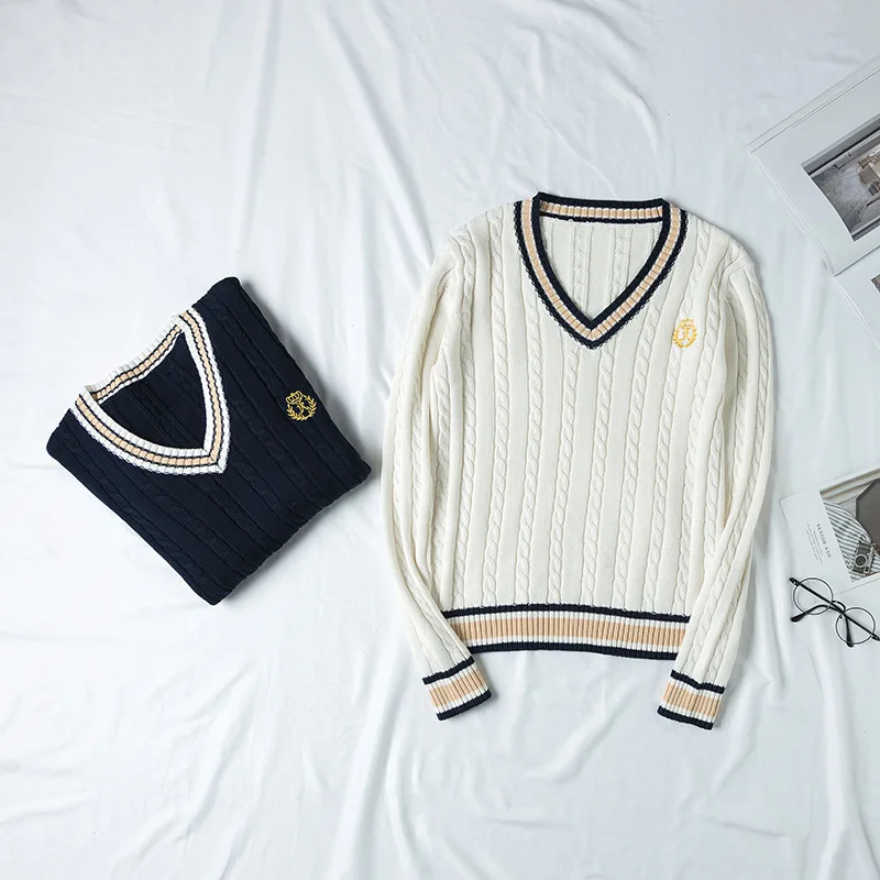 British School Uniform JK Sweater Cute Knitted New Sweater Cotton School Girls Uniform Tops Sweet Long Sleeve Blue White