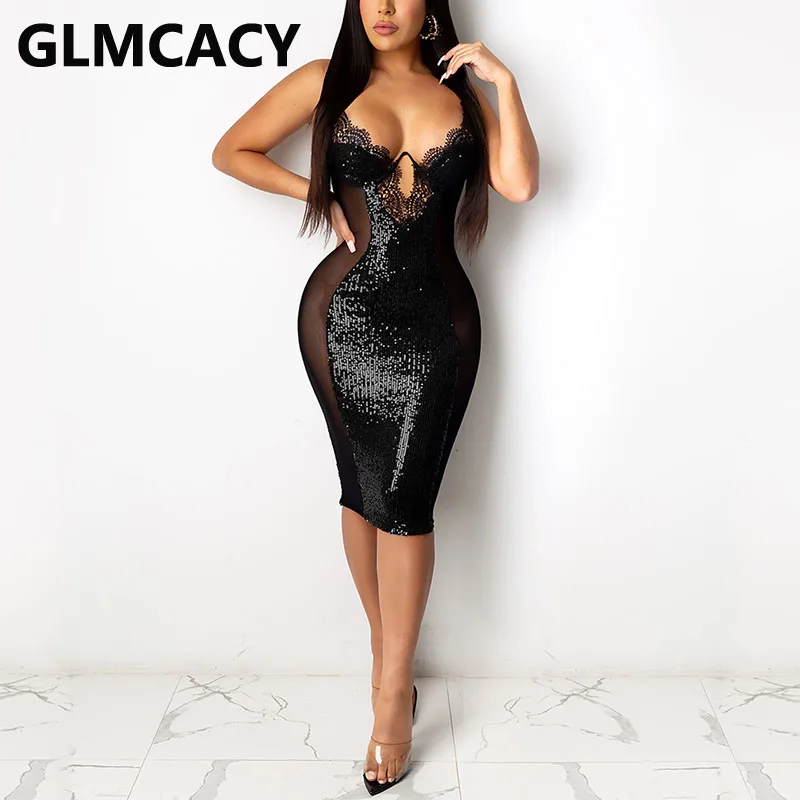 Women Spaghetti Strap Mesh Insert Bodycon Dress Sexy Sequined Party Club Midi Dresses Women Spaghetti Strap Mesh Insert Bodycon Dress Sexy Sequined Party Club Midi Dresses