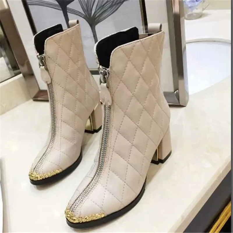 Ankle Boots Autumn Winter Boots Women Genuine Leather Luxury Shoes Round Toe Female Shoes Square Heel Design Short Boots - Цвет: AS SHOW