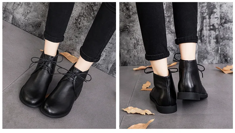 Female Genuine Cow Leather Woman Lace-up Ankle Black Boots Coffee Rubber Low Heels Height Zipper Riding Normal Size 35-40