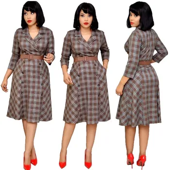 

Elegant Plaid Dress Office Lady A-Line Dress African Clothes Women Turn Down Collar Knee Length Dress Robe Femme Vestidos
