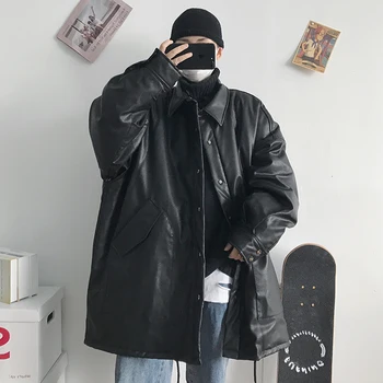 

2019 New Japanese Large Size Winter Simple Long-sleeved Men's Loose Version PU Long Section Leather Coat Casual