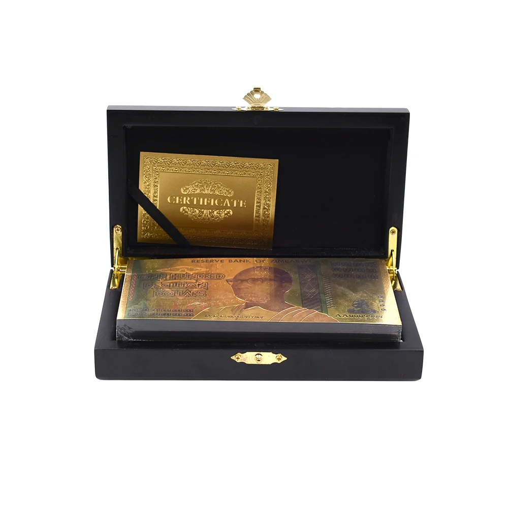 100 Decillion Dollars Zimbabwe Gold Banknotes Fake Money Bills 24k Gold Foil Banknote with Box for Christmas Gifts 50pcs/lot