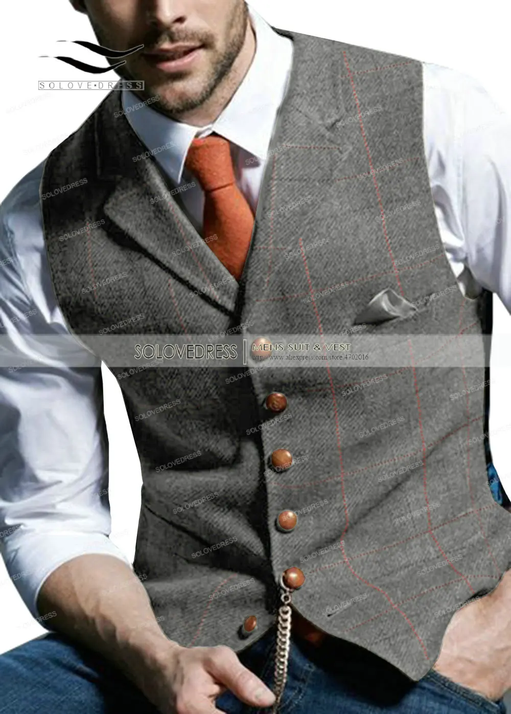 Brown Casual Gentleman Men's Army Green Vest Plaid Soft Wool Jacket Tweed Business Waistcoat For Wedding Best Man 4