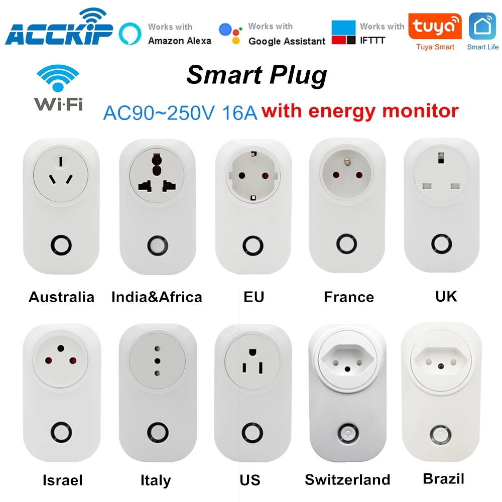 ACCKIP Tuya wifi умная розетка EU FR UK CH AU BR Italy Israel Plug 16A адаптер для путешествий с монитором