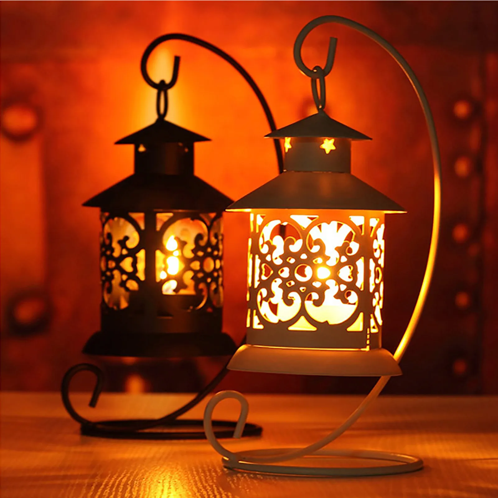 Iron Metal Lantern Stand Hanging Candlestick Glass Globe Candle Ornament Holder 