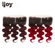 Человеческие волосы с 4x13 фронтальная кружевная лента# 99J/Бургундия "-20" м не-Реми объемная волна закрытие бразильские волосы для наращивания IJOY