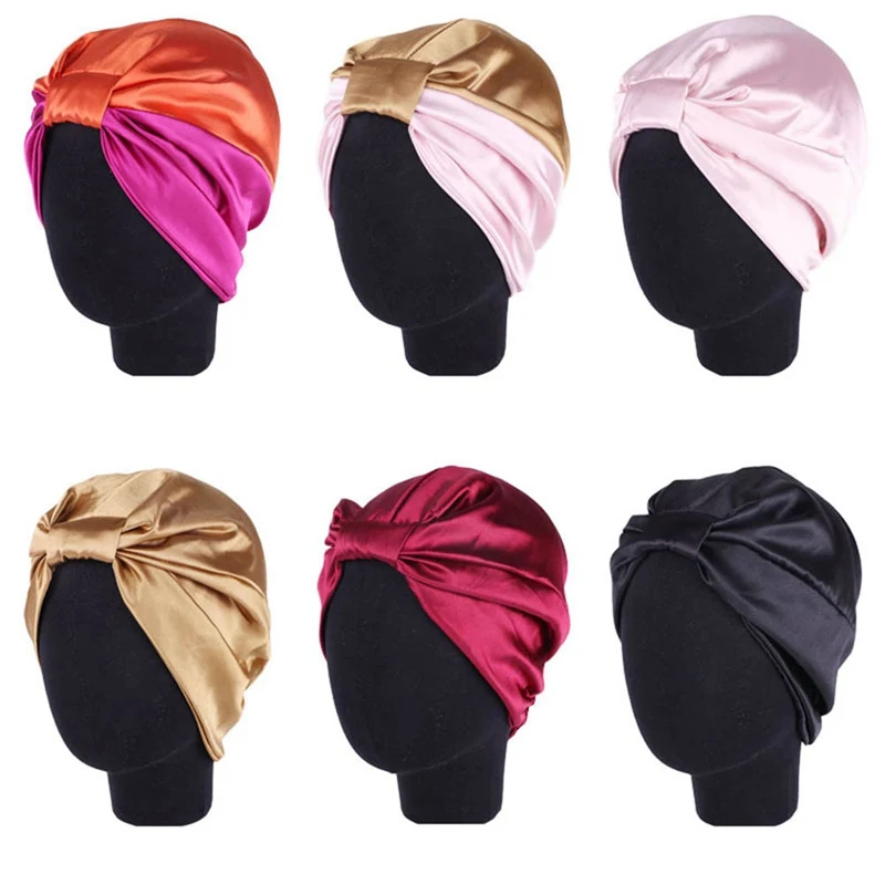 Для женщин эластичные атласные шарфы однотонные тюрбан модные сна шапка после химиотерапии шляпа, Круглая Шапочка без полей, Кепка на голову Обёрточная бумага для девушек аксессуары для волос