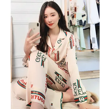 

Ins Pajamas Female Spring Summer Net Red Explosion Models Big Satin Long-Sleeved Two-Piece Suit Home Wear Sexy Pijama Mujer