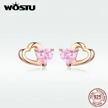 WOSTU, настоящее 925 пробы, серебряное, розовое сердце, серьги-гвоздики, циркон, розовое золото, свадебные серьги для женщин, модное ювелирное изделие, DXE090-C