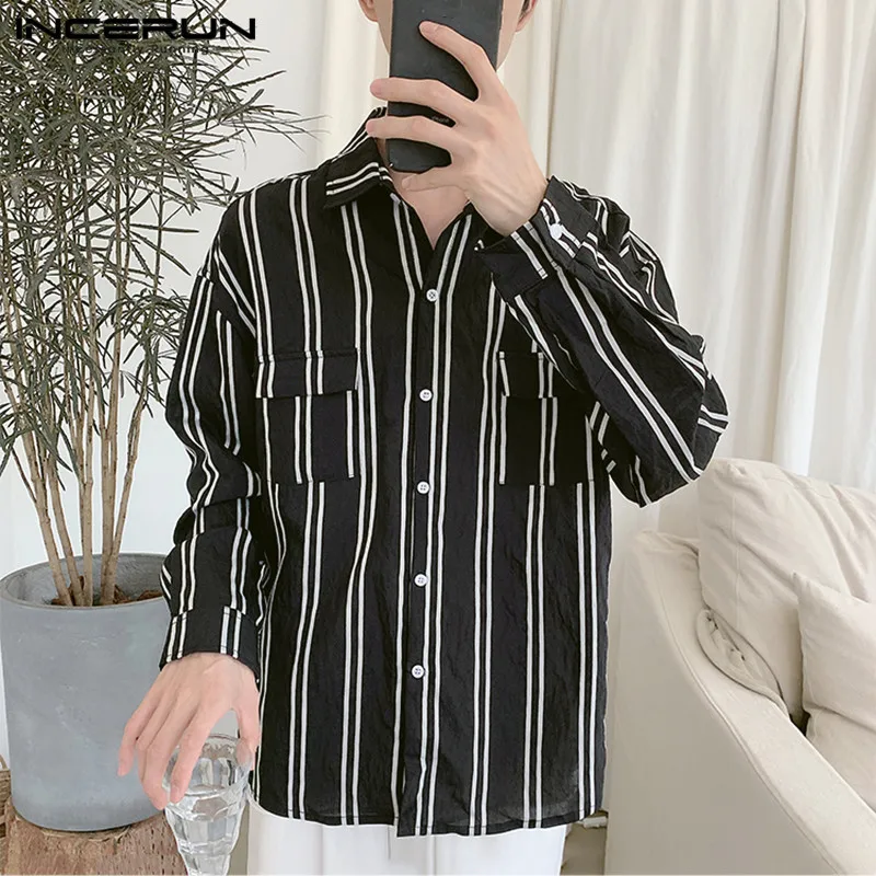 

2019 Korean Style Men Shirt Striped Long Sleeve Breathable Lapel Pockets Chic Stylish Loose Casual Basic Shirts Camisa INCERUN
