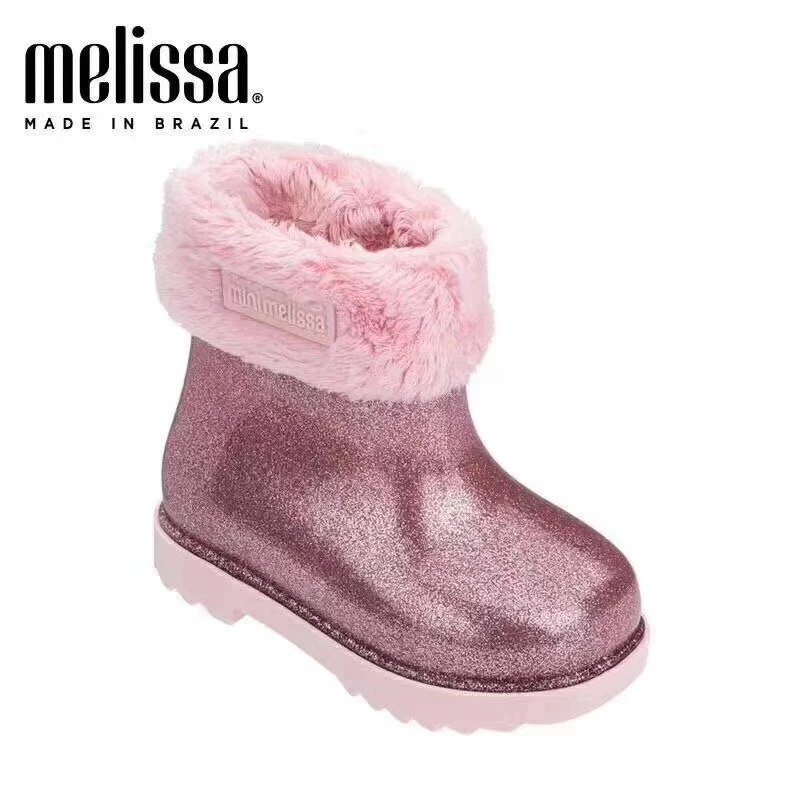 Mini Melissa/теплые зимние сапоги для девочек, для детей, новая зимняя детская обувь принцессы, нескользящая обувь на плоской подошве с круглым носком для маленьких девочек