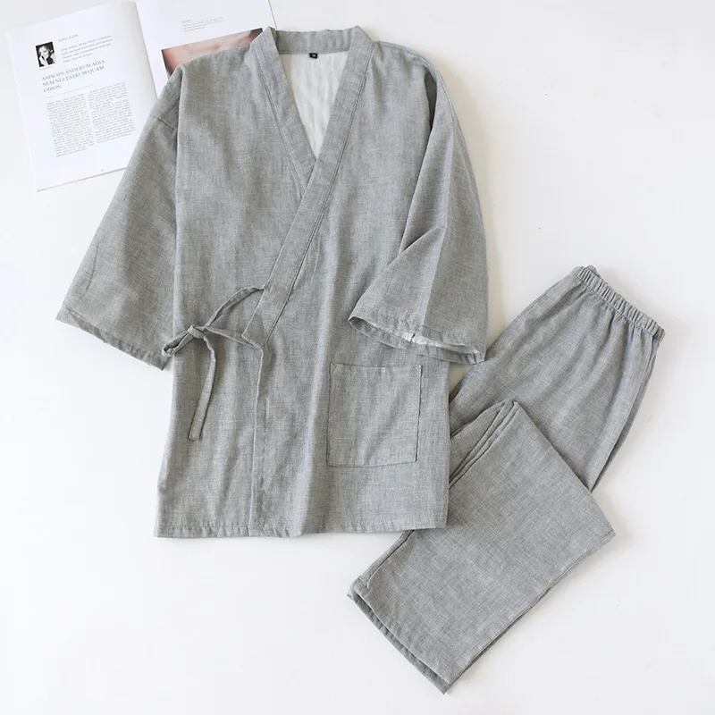 Couples Solid Color Pajamas Set Men And Women Sleepwear Japanese Robe+Pants Full Cotton Lovers Loose Thin Homewear For Autumn