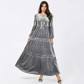 

Winter Dress 2019 Casual Velvet Long Dress Fashion Muslim Dress UAE Chic Embroidery Draped Swing Patchwork Arabic Dress Clothing