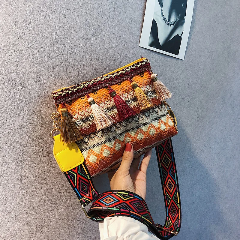 

Ethnic-Style Bag Women's 2019 New Style Fashion Korean-style Shoulder Bag Wide Shoulder with Net Red Packet-Style Bucket Bag
