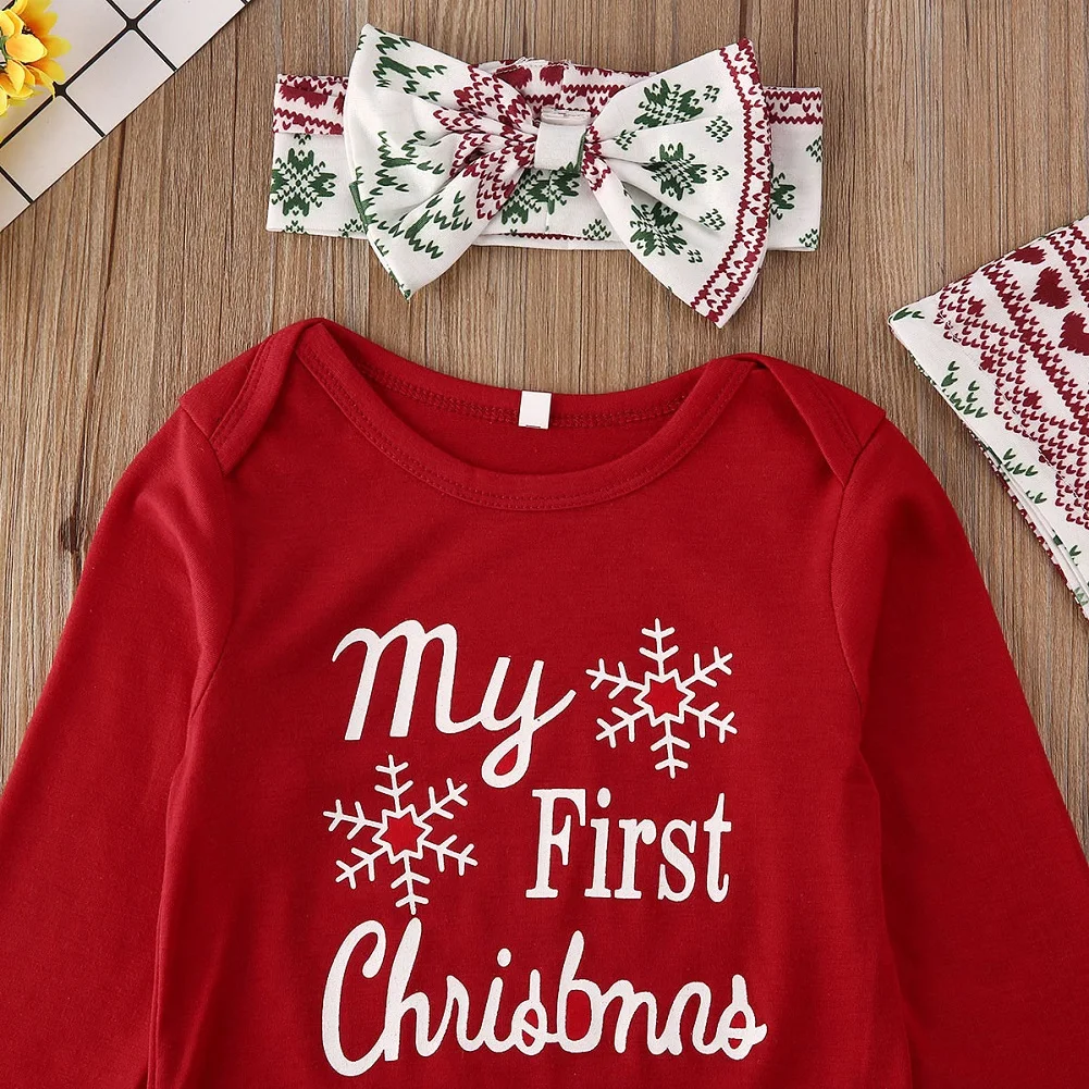 Imcute, новинка года, одежда для маленьких мальчиков и девочек с принтом «My 1st Christmas» комбинезон, топ, штаны комплекты из 4 предметов для детей возрастом от 3 до 18 месяцев