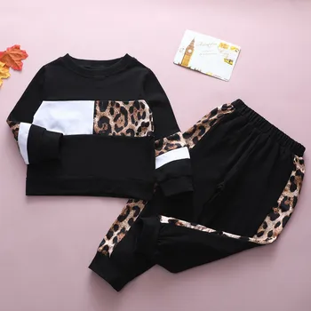 

Free Ship Kid Boy Girl Clothes детская одежда New Fashion Two Piece Set Autumn Baby Sport Casual Leopard Print Tops+Pants Outfit
