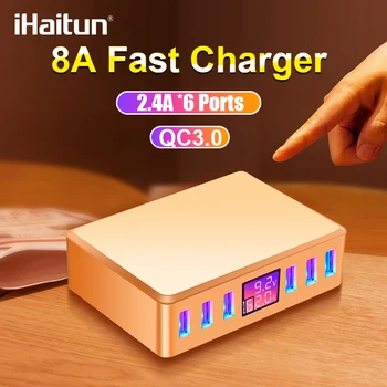 

iHaitun 40W 6 Port USB Charger QC 3.0 LED Display Dock Station Multi Quick QC3.0 Power Travel Adapter Charger For iPhone 11 Pro