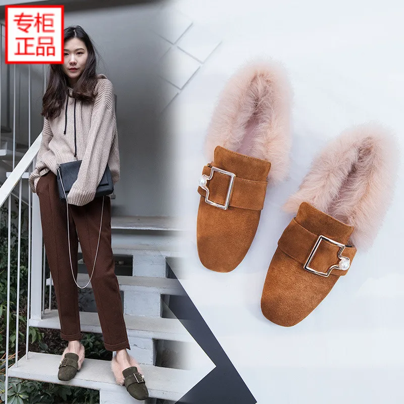 

2019 Spring New Style Korean-style plus Velvet Furry Flat Side Scoop Bootie Slip-on Rabbit Fur Versatile Outer Wear Lazy Moccosi