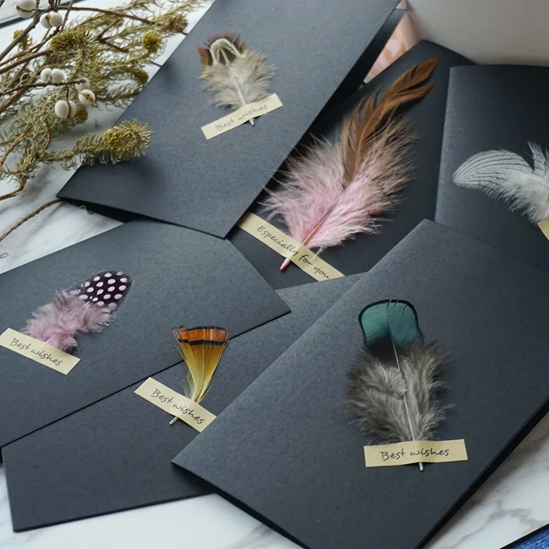 Black High-grade Stereoscopic card envelope 1pc True feathers greeting card invitation holding thanks you cards kawaii
