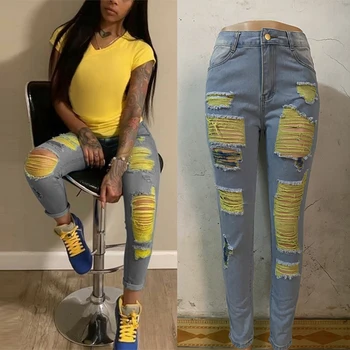 

Women Fashion Ripped Jeans Yellow Scratch Denim Pencil Pants High Waist Stretch Skinny Pants 2020