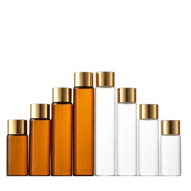 

20ML 30ML 40ML 50ML Clear Glass Cosmetic Packaging Essential Oil Plug Vials Gold Screw Lid Brown Empty Sample Refillable Bottle