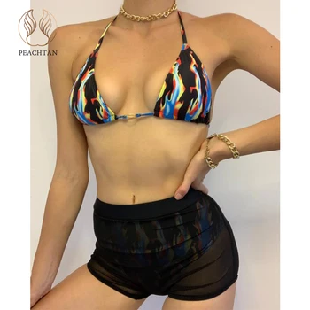 

Peachtan 3pcs micro bikini Halter swimsuit women High cut swimwear female Transparent bathing suit 2020 Backless biquini Bathers