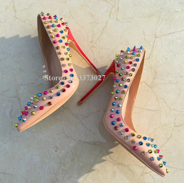patent leather 10cm Новинка; яркие женские туфли-лодочки с заклепками; пикантные тонкие туфли из голубой лакированной кожи на шпильке; Женская разноцветная обувь с шипами для торжеств - Цвет: patent leather 10cm