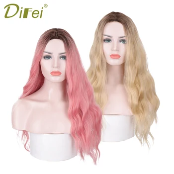 

DIFEI Synthetic Long Wavy Wigs Dark Root Ombre Pink Middle Part Cosplay Wig Women Heat Resistant Fiber Daily False Hair