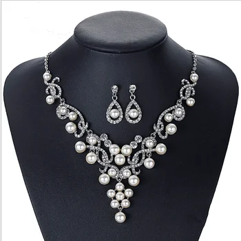 

New fashion shiny rhinestone pearl wedding party with necklace earrings two-piece fashion necklace jewelry