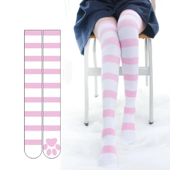 Medias con estampado de pata de gato Kawaii, medias largas hasta el muslo por encima de la rodilla de terciopelo gótico, de tira rosa, Cosplay, Sexy para niñas 1