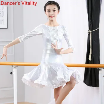

Hot Sales Fashion Latin Dancing Stage Wear Half Sleeve Mesh Dress Tango Salsa Foxtrot Quickstep Dancing Competition Clothes