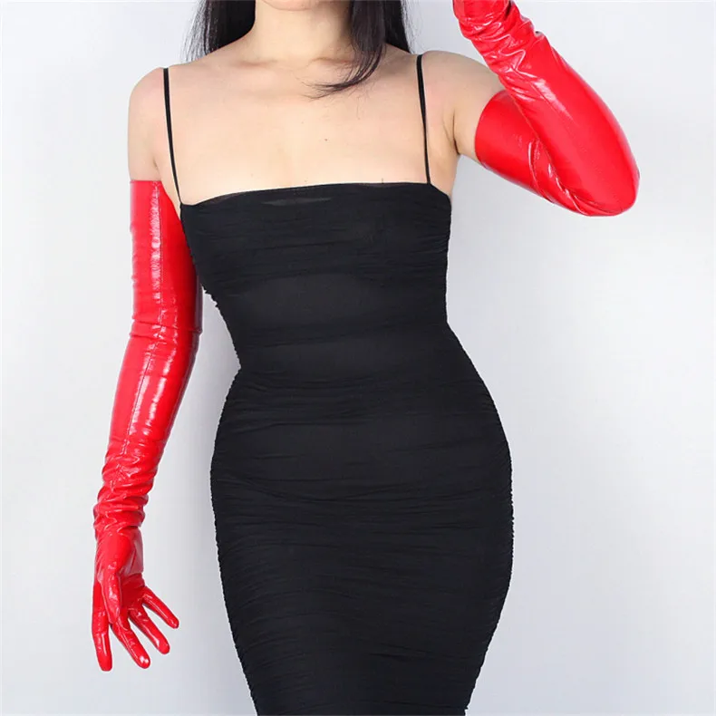 Красные перчатки из лакированной кожи, 50 см, ярко-красные, большие, красные, очень длинные, из искусственной кожи, зеркальные, яркие, кожаные, имитирующие локоть, женские, WPU36