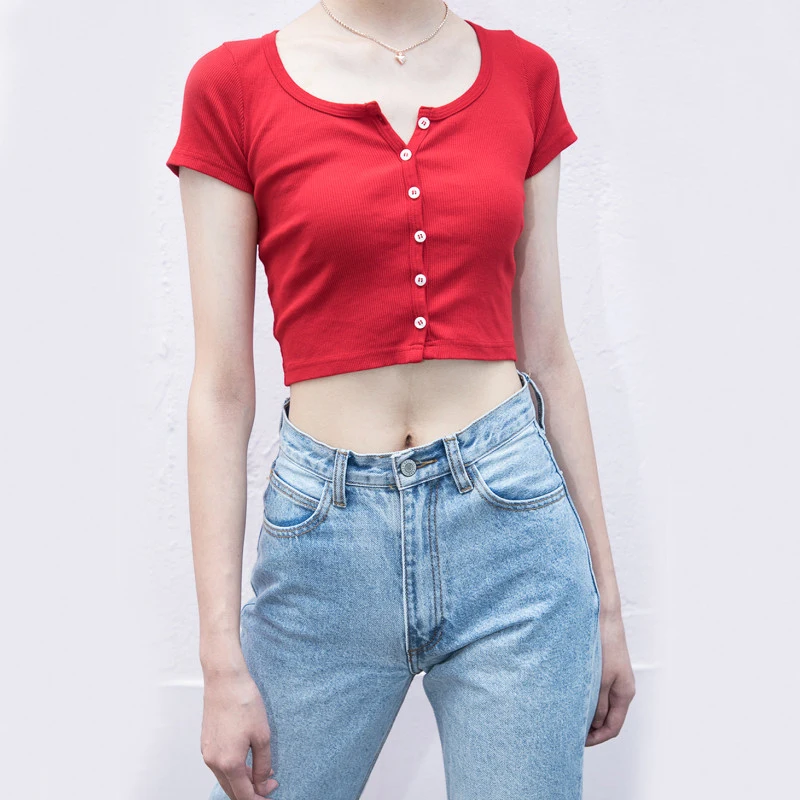 Women Button Down Crop T-shirt Fitted 