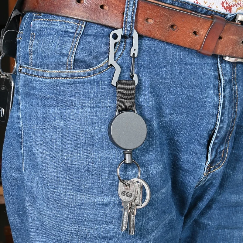 Retractable Pull Key Ring Chain Belt Clip With Carabiner Reel Card