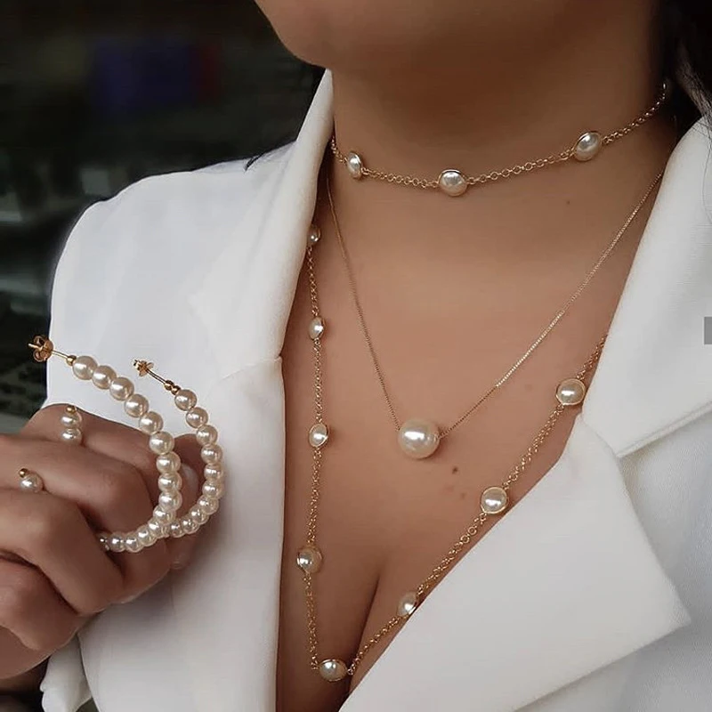 Изысканные женские ожерелья, жемчужная цепочка для ключиц, многослойное золотое ожерелье, набор, Гламурная мода, Свадебная вечеринка, ювелирные изделия, аксессуары|Ожерелья с подвеской|   | АлиЭкспресс