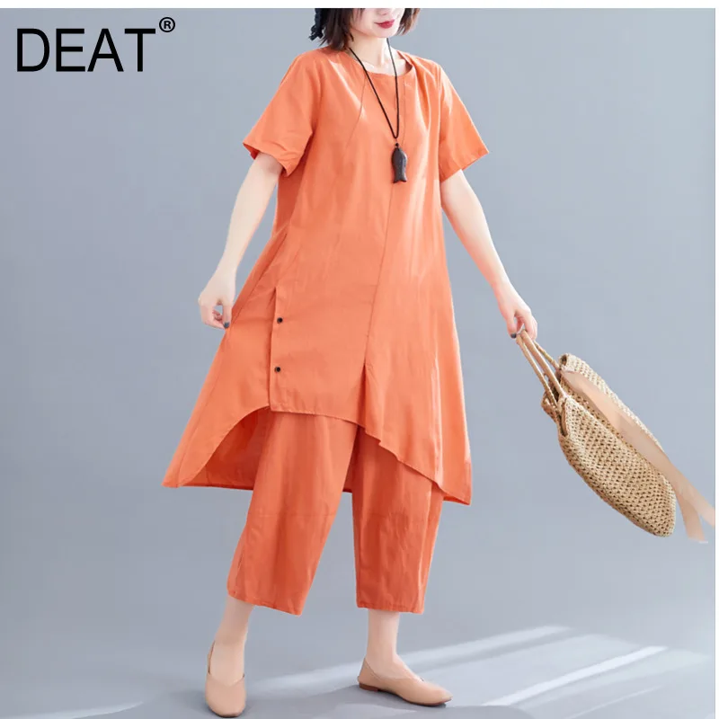 

[DEAT] Wide Leg Pants Two Piece Suit New Round Neck Short Sleeve Wide Leg Pants Loose Two Piece Suit Women Fashion Tide JZ538